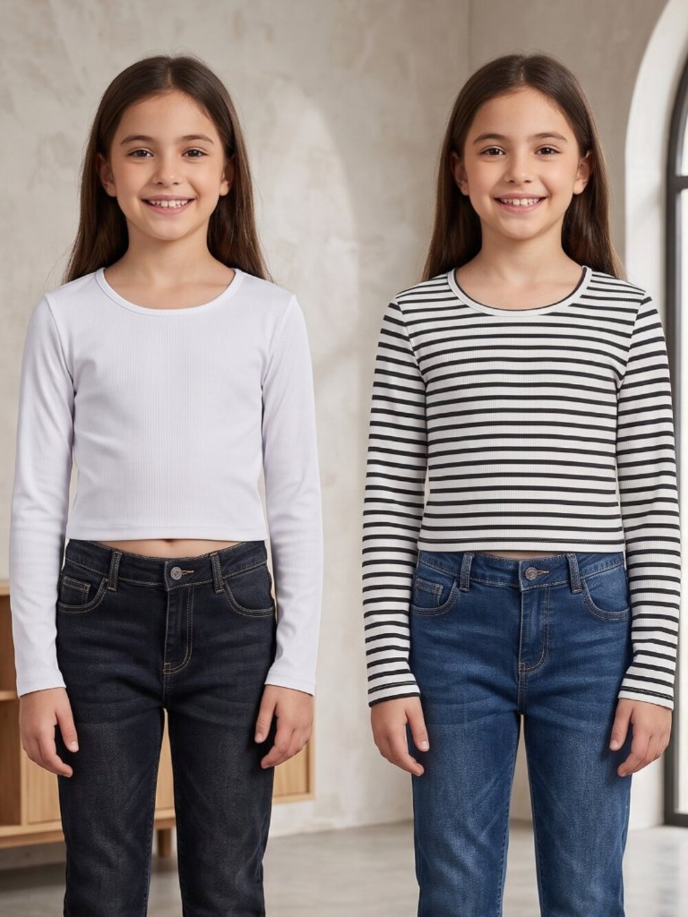 NWOT Girls 2 Pack Ribbed Knit Long Sleeve Crop Tops Solid White Striped Size 9Y